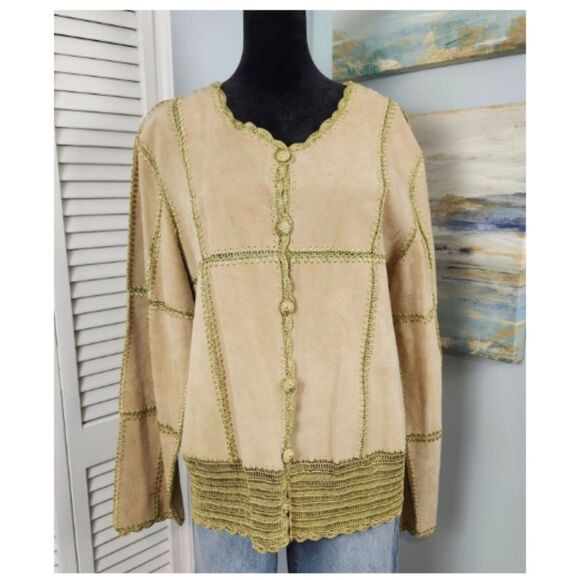 Suede Essentials Crochet Jacket Womens XL Leather Hippy Boho Music Festival - Picture 9 of 10